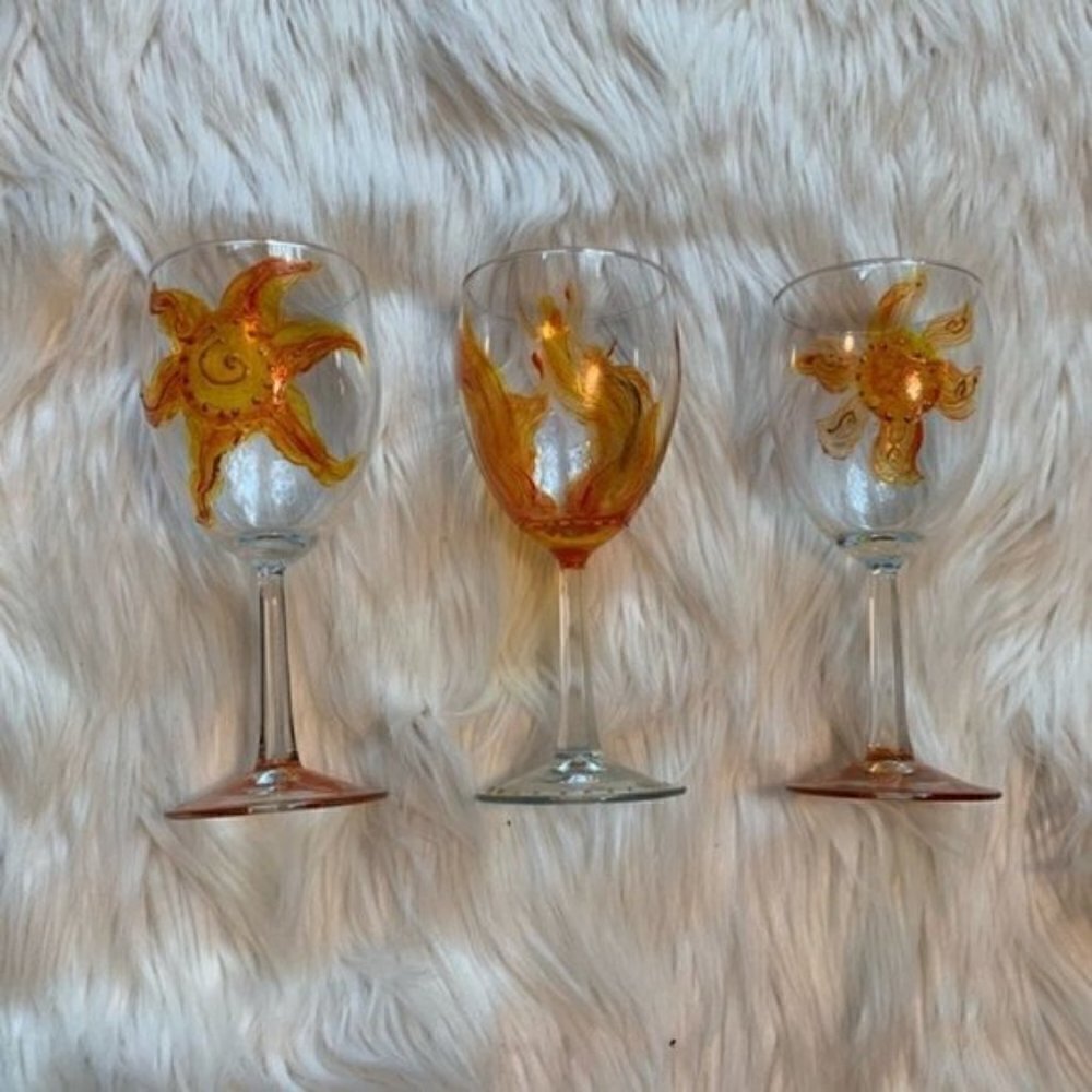 Set of 3 Hand Painted Wine Glasses Clear Orange Yellow Fire Flowers Sun Square